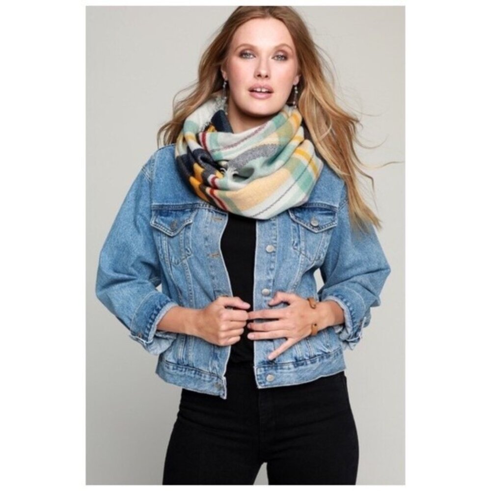 Plaid Infinity Scarf Mint Gray Multicolor Classic Preppy New Women